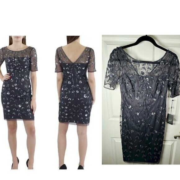 Adrianna Papell Gray Beaded Sheath Dress Size 0 New with Tags NWT - Picture 1 of 10